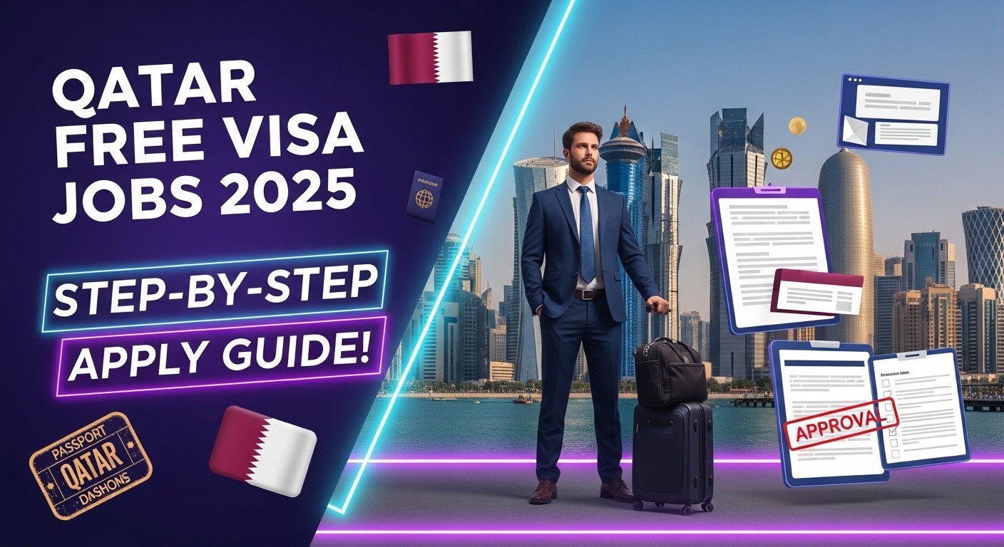 Young professional holding passport and suitcase with Qatar skyline background – Free Visa Jobs in Qatar step-by-step guide