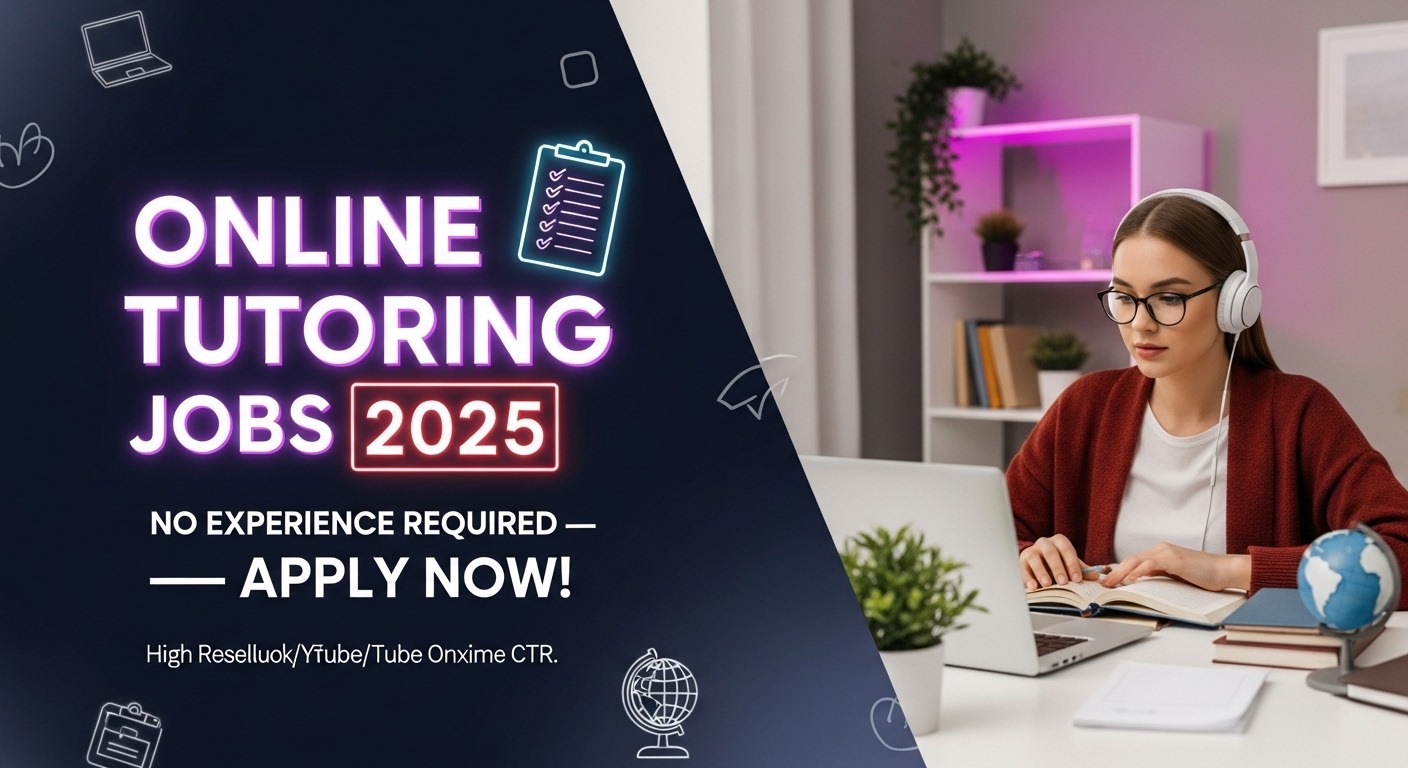 Realistic image of a tutor teaching online with bold text promoting online tutoring jobs without experience and application guide
