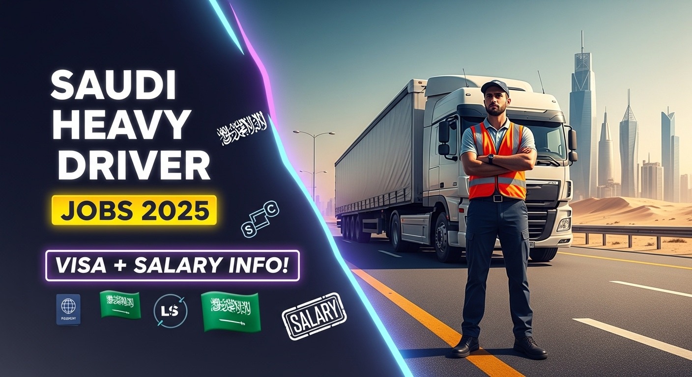 “Realistic image of a Heavy Driver Jobs in Saudi Arabia — Visa & Salary Info with bold text promoting heavy driver jobs, visa details, and salary information.”