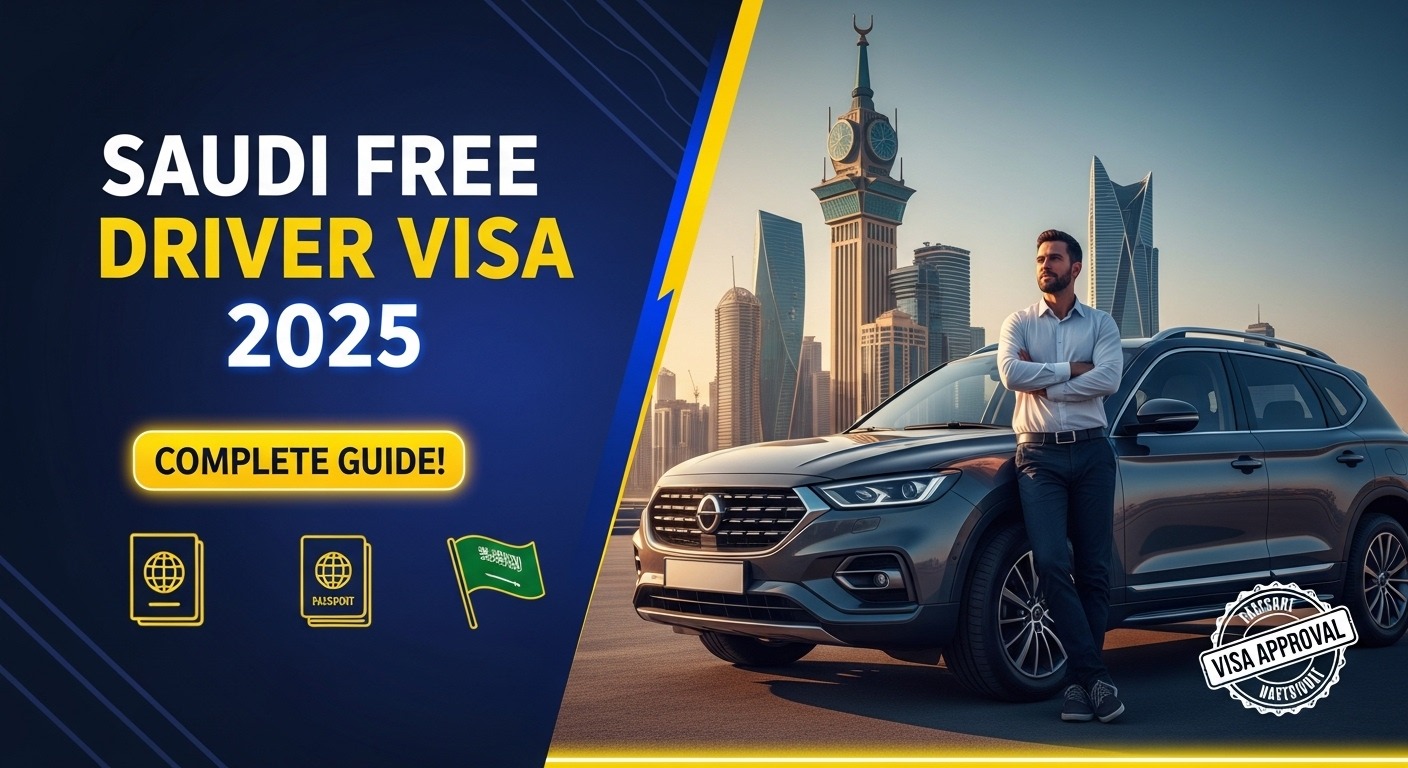 Realistic image of a driver in Saudi Arabia with bold text promoting Saudi Arabia Free Driver Visa and complete guide for 2025.